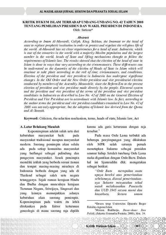 KRITIK HUKUM ISLAM TERHADAP UNDANG-UNDANG NO. 42 TAHUN 2008 TENTANG PEMILIHAN PRESIDEN DAN WAKIL PRESIDEN DI INDONESIA.pdf