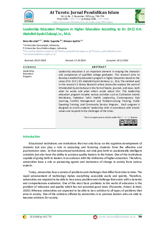 Leadership education program in higher education according to Dr.(HC) KH Abdullah Syukri Zakasyi, Lc., MA.pdf Leadership education program in higher education according to Dr.(HC) KH Abdullah Syukri Zakasyi, Lc., MA.pdf