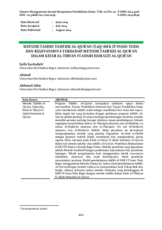 METODE TAHSIN TAHFIDZ AL-QUR’AN (T2Q) SMK IT INSAN TODA DAN RELEVANSINYA TERHADAP METODE TAHFIDZ AL-QUR’AN DALAM KITAB AL-TIBYAN FI ADABI HAMALTI AL-QUR’AN.pdf