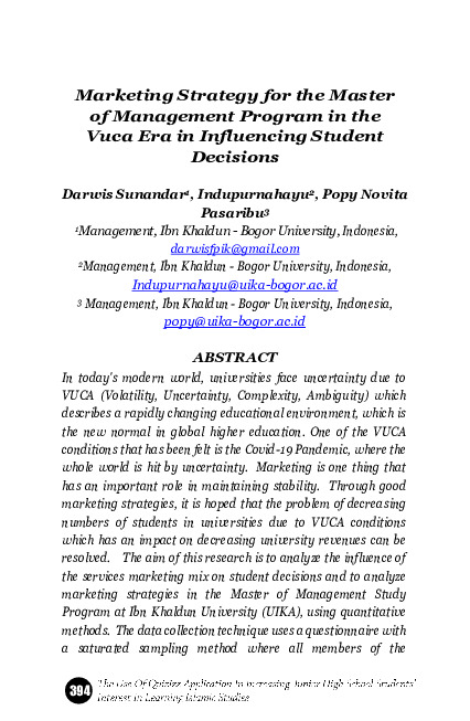 Marketing Strategy for the Master of Management Program in the Vuca Era in Influencing Student Decisions.pdf