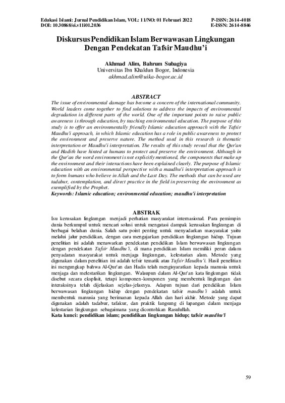 DISKURSUS PENDIDIKAN ISLAM BERWAWASAN LINGKUNGAN DENGAN PENDEKATAN TAFSIR MAUDHUâ€™ I.pdf