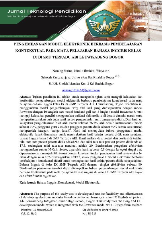 PENGEMBANGAN MODUL ELEKTRONIK BERBASIS PEMBELAJARAN KONTEKSTUAL PADA MATA PELAJARAN BAHASA INGGRIS KELAS IX DI SMP TERPADU ABI LEUWISADENG BOGOR.pdf