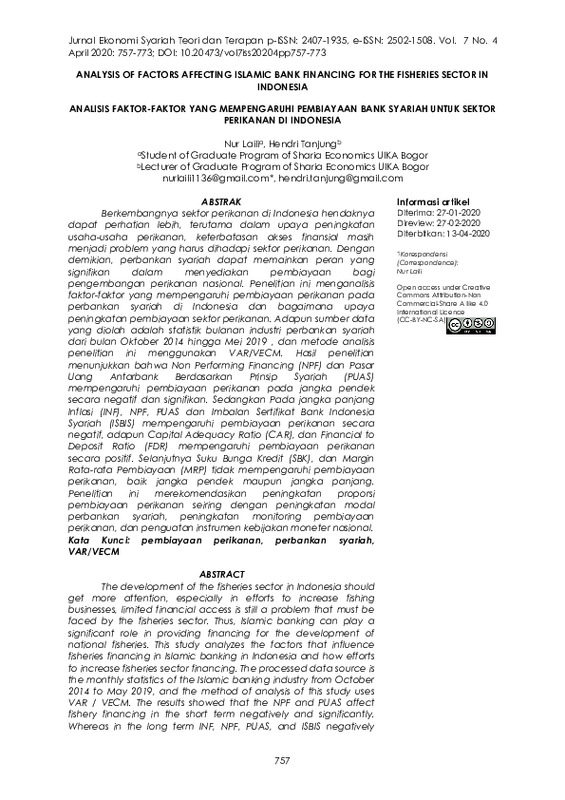 Analisis Faktor-faktor yang Mempengaruhi Pembiayaan Bank Syariah untuk Sektor Perikanan di Indonesia.pdf