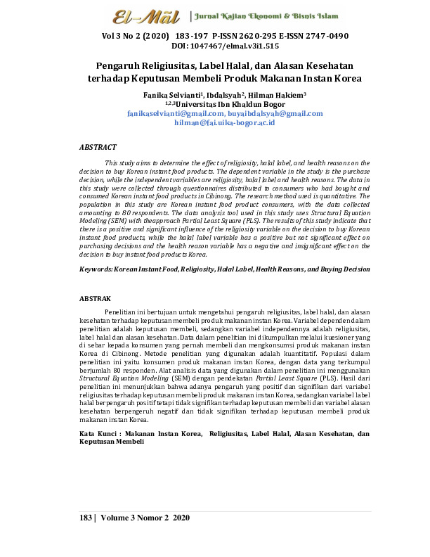 Pengaruh religiusitas, label halal, dan alasan kesehatan terhadap keputusan membeli produk makanan instan Korea.pdf