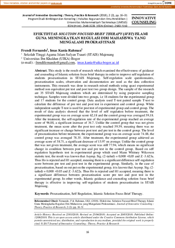 Efektifitas solution focused brief therapy (SFBT) islami guna meningkatkan regulasi diri mahasiswa yang mengalami prokrastinasi.pdf Efektifitas solution focused brief therapy (SFBT) islami guna meningkatkan regulasi diri mahasiswa yang mengalami prokrastinasi.pdf