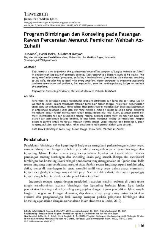 Program Bimbingan dan Konseling pada Pasangan Rawan Perceraian Menurut Pemikiran Wahbah Az-Zuhaili.pdf Program Bimbingan dan Konseling pada Pasangan Rawan Perceraian Menurut Pemikiran Wahbah Az-Zuhaili.pdf