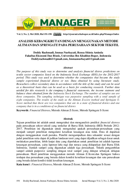 ANALISIS KEBANGKRUTAN DENGAN MENGGUNAKAN METODE ALTMAN DAN SPRINGATE PADA PERUSAHAAN SEKTOR TEKSTIL.pdf ANALISIS KEBANGKRUTAN DENGAN MENGGUNAKAN METODE ALTMAN DAN SPRINGATE PADA PERUSAHAAN SEKTOR TEKSTIL.pdf