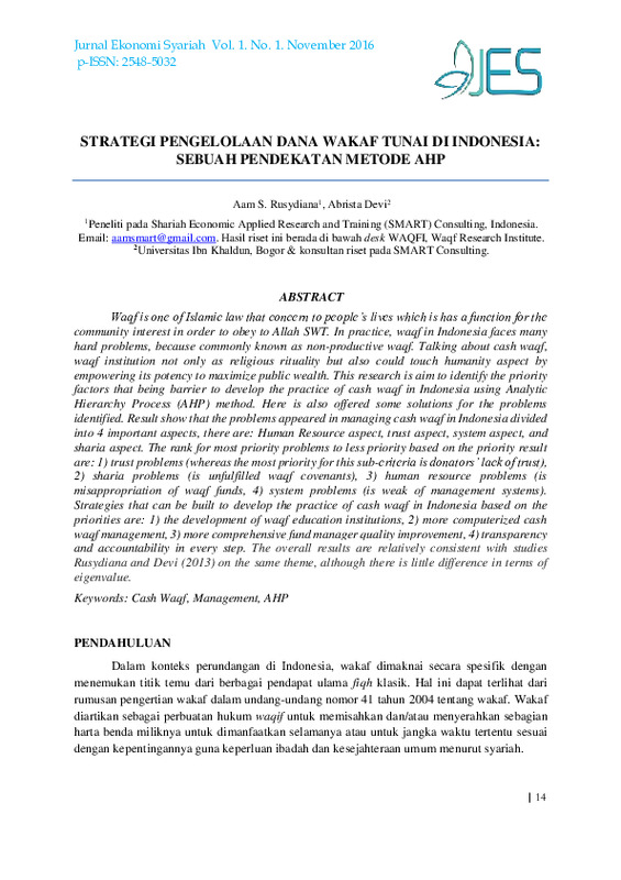 Strategi pengelolaan dana wakaf tunai di Indonesia sebuah pendekatan metode AHP.pdf Strategi pengelolaan dana wakaf tunai di Indonesia sebuah pendekatan metode AHP.pdf