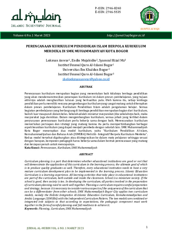 Perencanaan Kurikulum Pendidikan Islam Berpola Kurikulum Merdeka DI SMK Muhammadiyah Kota Bogor.pdf