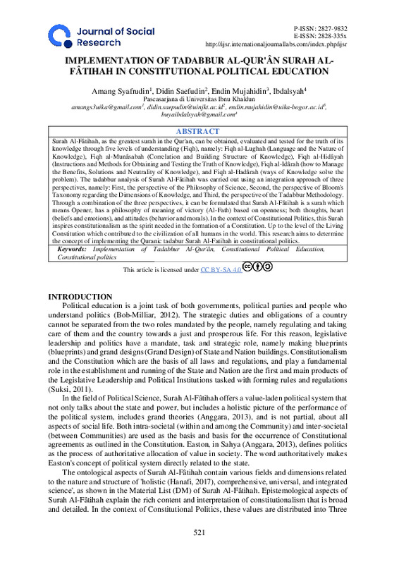Implementation Of Tadabbur Al-Qur'ân Surah Al-Fâtihah In Constitutional Political Education.pdf Implementation Of Tadabbur Al-Qur'ân Surah Al-Fâtihah In Constitutional Political Education.pdf