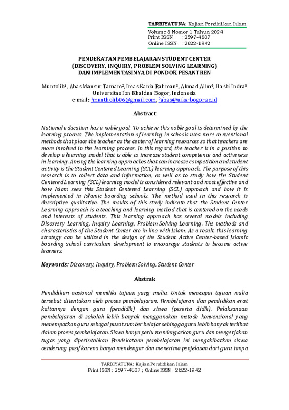 PENDEKATAN PEMBELAJARAN STUDENT CENTER (DISCOVERY, INQUIRY, PROBLEM SOLVING LEARNING) DAN IMPLEMENTASINYA DI PONDOK PESANTREN.pdf