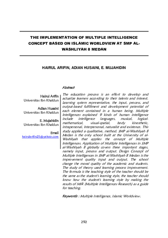 THE IMPLEMENTATION OF MULTIPLE INTELLIGENCE CONCEPT BASED ON ISLAMIC WORLDVIEW AT SMP AL-WASHLIYAH 8 MEDAN.pdf