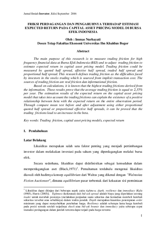 Friksi Perdagangan dan Pengaruhnya terhadap Estimasi Expected Return Pada Capital Asset Pricing Model di Bursa Efek Indonesia.pdf Friksi Perdagangan dan Pengaruhnya terhadap Estimasi Expected Return Pada Capital Asset Pricing Model di Bursa Efek Indonesia.pdf
