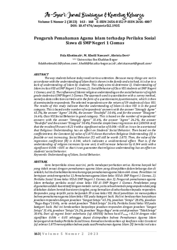 Pengaruh Pemahaman Agama Islam terhadap Perilaku Sosial Siswa di SMP Negeri 1 Ciomas.pdf Pengaruh Pemahaman Agama Islam terhadap Perilaku Sosial Siswa di SMP Negeri 1 Ciomas.pdf
