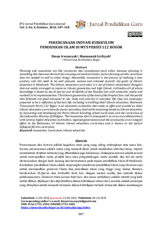 Perencanaan PERENCANAAN INOVASI KURIKULUM PENDIDIKAN ISLAM DI MTS PERSIS 112 BOGOR.pdf Perencanaan PERENCANAAN INOVASI KURIKULUM PENDIDIKAN ISLAM DI MTS PERSIS 112 BOGOR.pdf