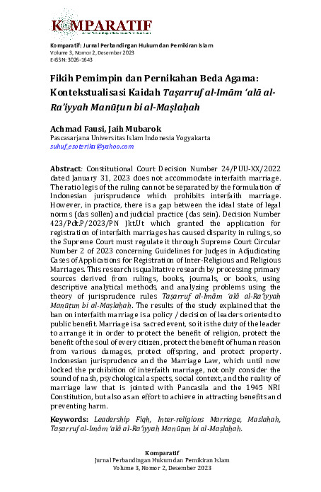 Fikih Pemimpin dan Pernikahan Beda Agama Kontekstualisasi Kaidah Taṣarruf al-Imām ‘alā al-Ra’iyyah Manūṭun bi al-Maṣlaḥah.pdf Fikih Pemimpin dan Pernikahan Beda Agama Kontekstualisasi Kaidah Taṣarruf al-Imām ‘alā al-Ra’iyyah Manūṭun bi al-Maṣlaḥah.pdf