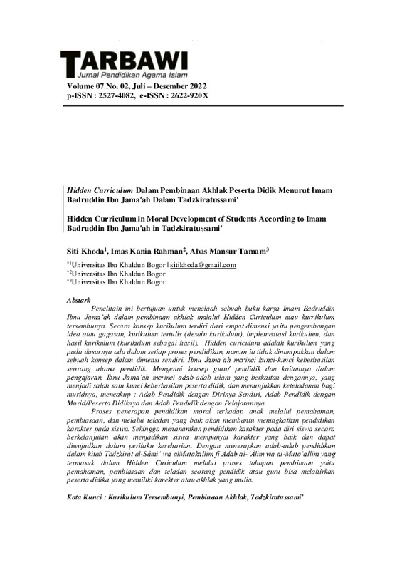 Hidden Curriculum Dalam Pembinaan Akhlak Peserta Didik Menurut Imam Badruddin Ibn Jama'ah Dalam Tadzkiratussami'.pdf Hidden Curriculum Dalam Pembinaan Akhlak Peserta Didik Menurut Imam Badruddin Ibn Jama'ah Dalam Tadzkiratussami'.pdf