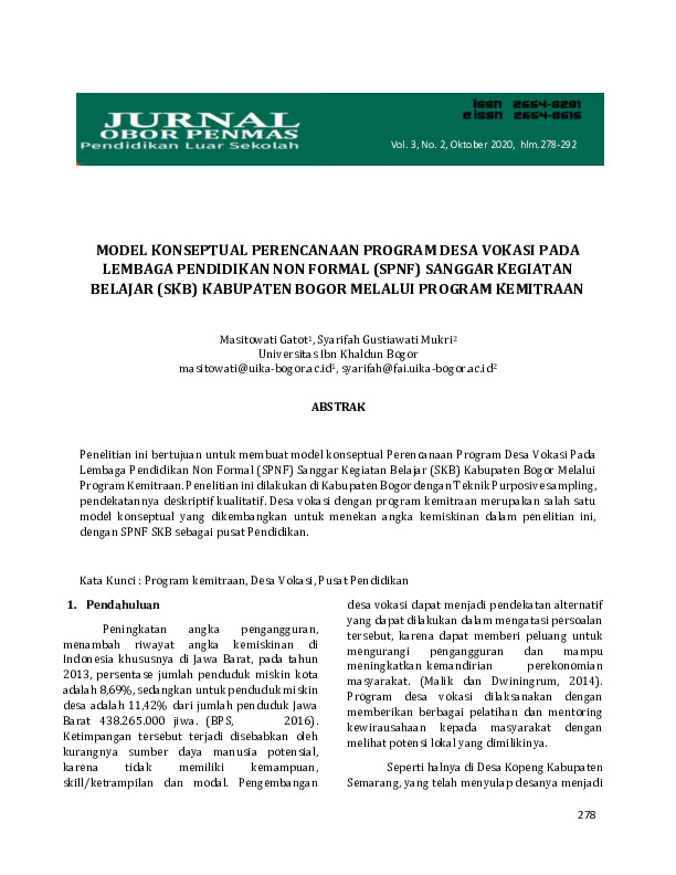 Model Konseptual Perencanaan Program Desa Vokasi Pada Lembaga Pendidikan Non Formal (Spnf) Sanggar Kegiatan Belajar (Skb) Kabupaten Bogor Melalui Program Kemitraan.pdf
