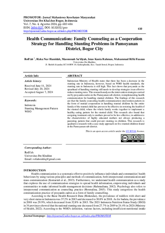 Health Communication Family Counseling as a Cooperation Strategy for Handling Stunting Problems in Pamoyanan District, Bogor City.pdf Health Communication Family Counseling as a Cooperation Strategy for Handling Stunting Problems in Pamoyanan District, Bogor City.pdf