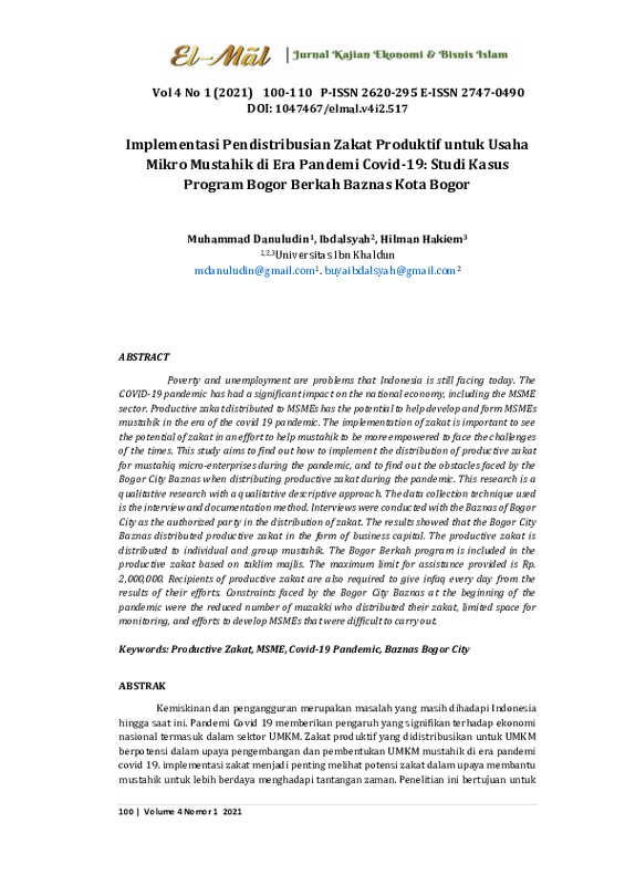 Implementasi Pendistribusian Zakat Produktif untuk Usaha Mikro Mustahik di Era Pandemi Covid-19.pdf Implementasi Pendistribusian Zakat Produktif untuk Usaha Mikro Mustahik di Era Pandemi Covid-19.pdf