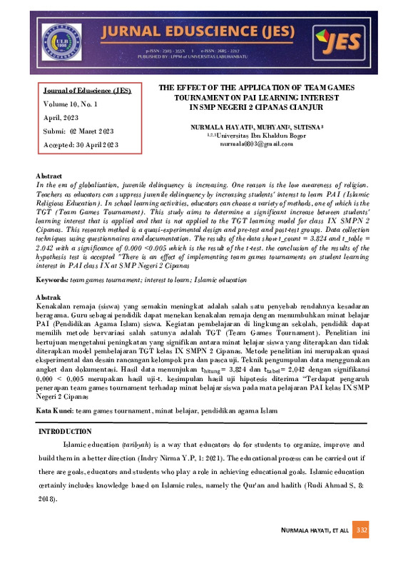 The Effect Of The Application Of Team Games Tournament On Pai Learning Interest In Smp Negeri 2 Cipanas Cianjur.pdf