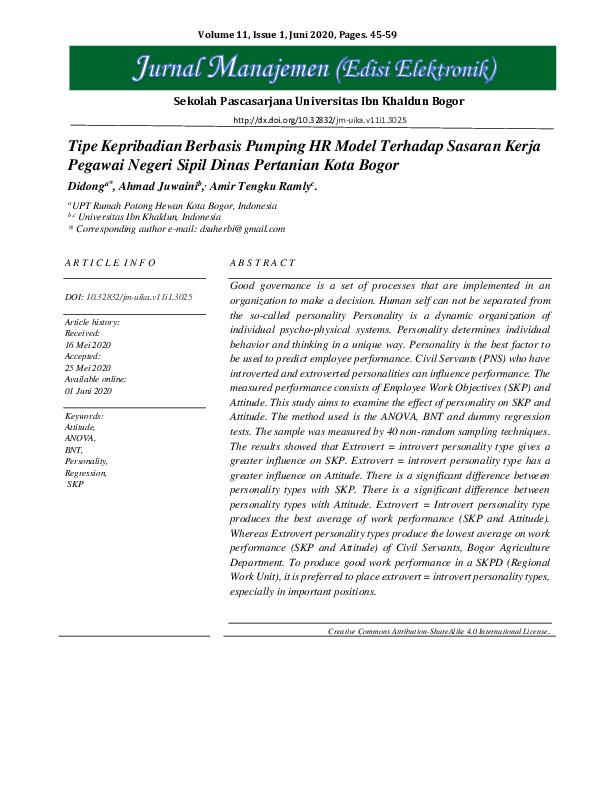 Kepribadian Introvert Dan Ekstrovert Berbasis Pumping HR Model Terhadap Sasaran Kerja Pegawai Negeri Sipil Dinas Pertanian Kota Bogor.pdf
