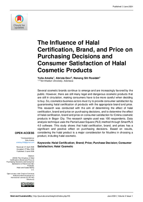 The Influence of Halal Certification, Brand, and Price on Purchasing Decisions and Consumer Satisfaction of Halal Cosmetic Products.pdf
