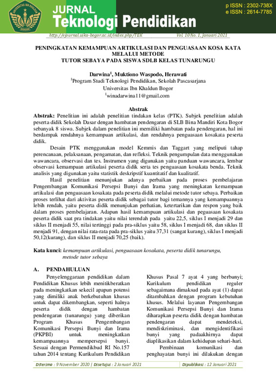 Peningkatan Kemampuan Artikulasi Dan Penguasaan Kosa Kata Melalui Metode Tutor Sebaya Pada Siswa SDLB Kelas Tunarungu.pdf