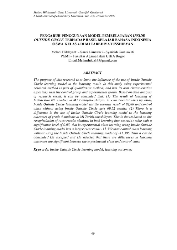PENGARUH PENGGUNAAN MODEL PEMBELAJARAN INSIDE OUTSIDE CIRCLE TERHADAP HASIL BELAJAR BAHASA INDONESIA SISWA KELAS 4 DI MI TARBHIYATUSSHIBYAN.pdf