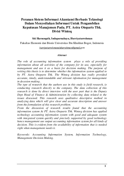 Peranan Sistem Informasi Akuntansi Berbasis Teknologi Dalam Menyediakan Informasi Untuk Pengambilan Keputusan Manajemen Pada. PT. Astra Otoparts Tbk. Divisi Winteq.pdf