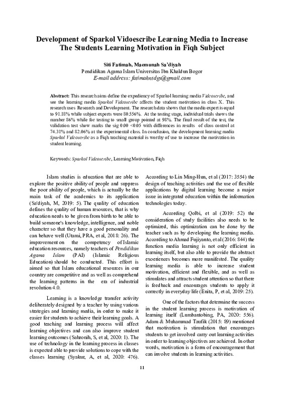 Development of sparkol vidoescribe learning media to increase the students learning motivation in fiqh subject.pdf