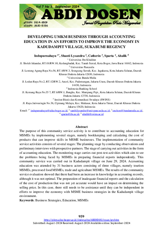 DEVELOPING UMKM BUSINESS THROUGH ACCOUNTING EDUCATION IN AN EFFORTS TO IMPROVE THE ECONOMY IN KADUDAMPIT VILLAGE, SUKABUMI REGENCY.pdf