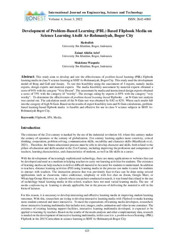 Development of Problem-Based Learning (PBL) Based Flipbook Media on Science Learning At SDIT Ar-Rohmaniyah, Bogor City.pdf