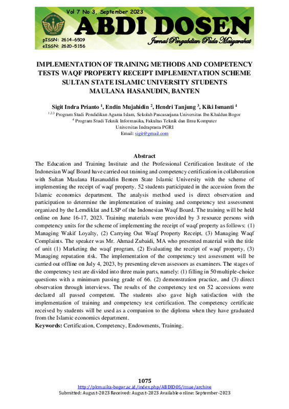 IMPLEMENTATION OF TRAINING METHODS AND COMPETENCY TESTS WAQF PROPERTY RECEIPT IMPLEMENTATION SCHEME SULTAN STATE ISLAMIC UNIVERSITY STUDENTS MAULANA HASANUDIN, BANTEN.pdf IMPLEMENTATION OF TRAINING METHODS AND COMPETENCY TESTS WAQF PROPERTY RECEIPT IMPLEMENTATION SCHEME SULTAN STATE ISLAMIC UNIVERSITY STUDENTS MAULANA HASANUDIN, BANTEN.pdf