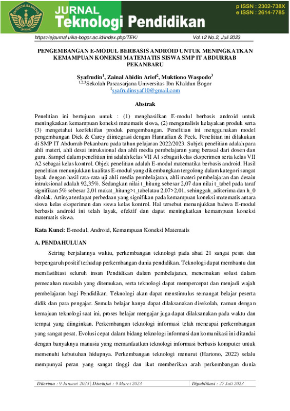 PENGEMBANGAN E-MODUL BERBASIS ANDROID UNTUK MENINGKATKAN KEMAMPUAN KONEKSI MATEMATIS SISWA SMP IT ABDURRAB PEKANBARU.pdf