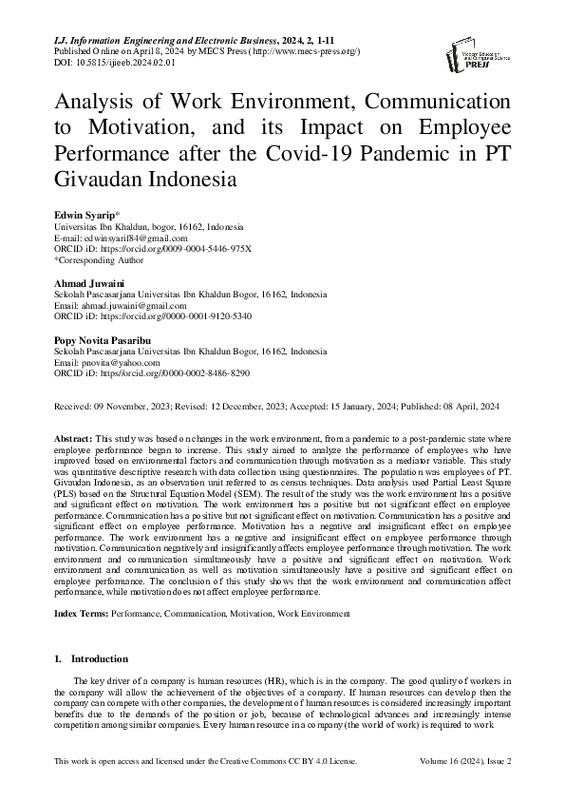 Analysis of Work Environment, Communication to Motivation, and its Impact on Employee Performance after the Covid-19 Pandemic in PT Givaudan Indonesia.pdf