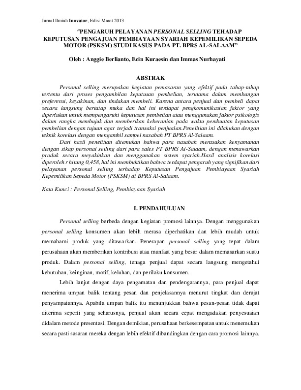 PENGARUH PELAYANAN PERSONAL SELLING TEHADAP KEPUTUSAN PENGAJUAN PEMBIAYAAN SYARIAH KEPEMILIKAN SEPEDA MOTOR (PSKSM) STUDI KASUS PADA PT. BPRS AL-SALAAM.pdf