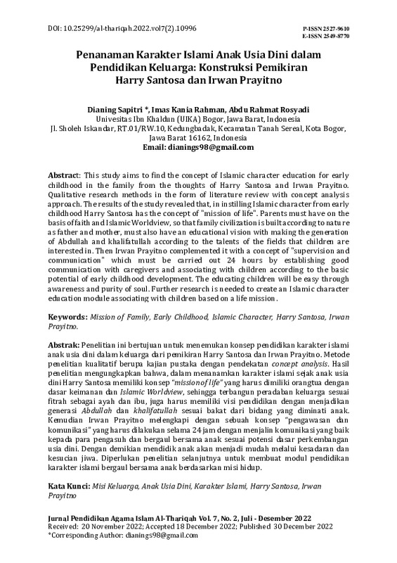Penanaman Karakter Islami Anak Usia Dini dalam Pendidikan Keluarga Konstruksi Pemikiran Harry Santosa dan Irwan Prayitno.pdf