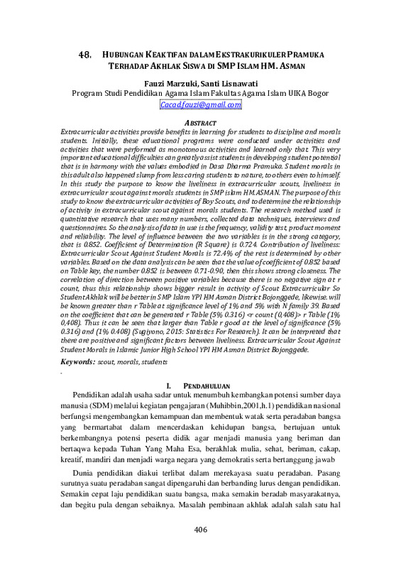 HUBUNGAN KEAKTIFAN DALAM EKSTRAKURIKULER PRAMUKA TERHADAP AKHLAK SISWA DI SMP ISLAM HM. ASMAN.pdf