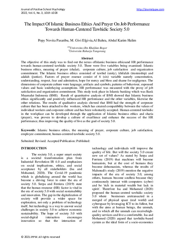 The Impact Of Islamic Business Ethics And Prayer On Job Performance Towards Human-Centered Tawhidic Society 5.0.pdf The Impact Of Islamic Business Ethics And Prayer On Job Performance Towards Human-Centered Tawhidic Society 5.0.pdf