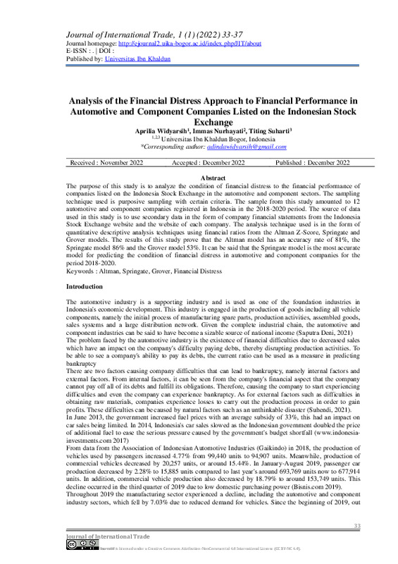 Analysis of the Financial Distress Approach to Financial Performance in Automotive and Component Companies Listed on the Indonesian Stock Exchange.pdf