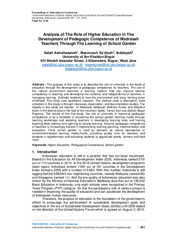 Analysis of The Role of Higher Education in The Development of Pedagogic Competence of Madrasah Teachers Through The Learning of School Garden.pdf