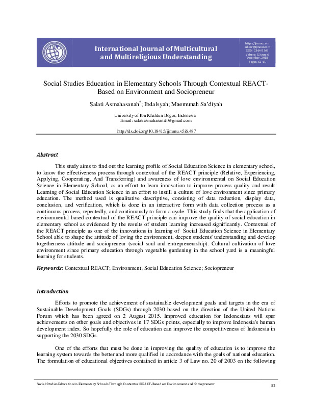 Social Studies Education in Elementary Schools Through Contextual REACT-Based on Environment and Sociopreneur.pdf