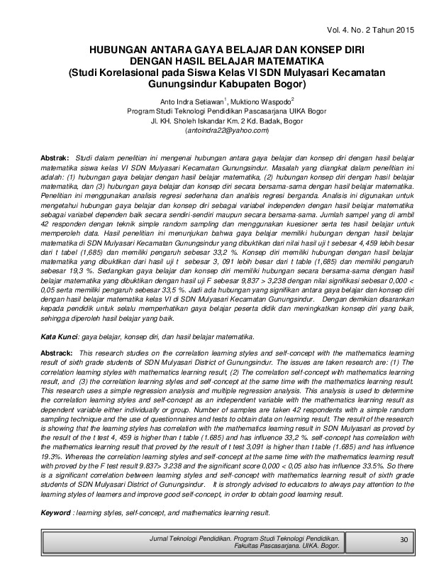 Hubungan antara gaya belajar dan konsep diri dengan hasil belajar matematika (Studi korelasional pada siswa kelas VI SDN Mulyasari Kecamatan Gunungsindur Kabupaten Bogor).pdf
