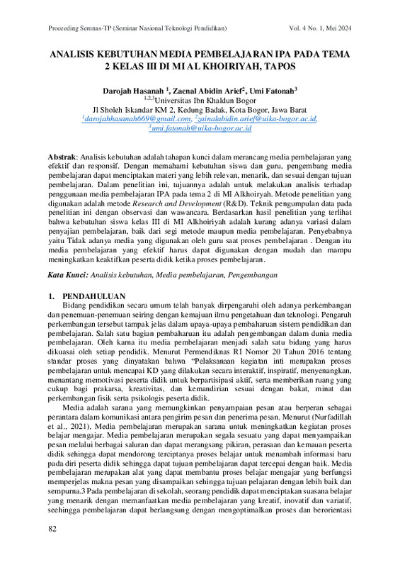 ANALISIS KEBUTUHAN MEDIA PEMBELAJARAN IPA PADA TEMA 2 KELAS III DI MI AL KHOIRIYAH, TAPOS.pdf ANALISIS KEBUTUHAN MEDIA PEMBELAJARAN IPA PADA TEMA 2 KELAS III DI MI AL KHOIRIYAH, TAPOS.pdf