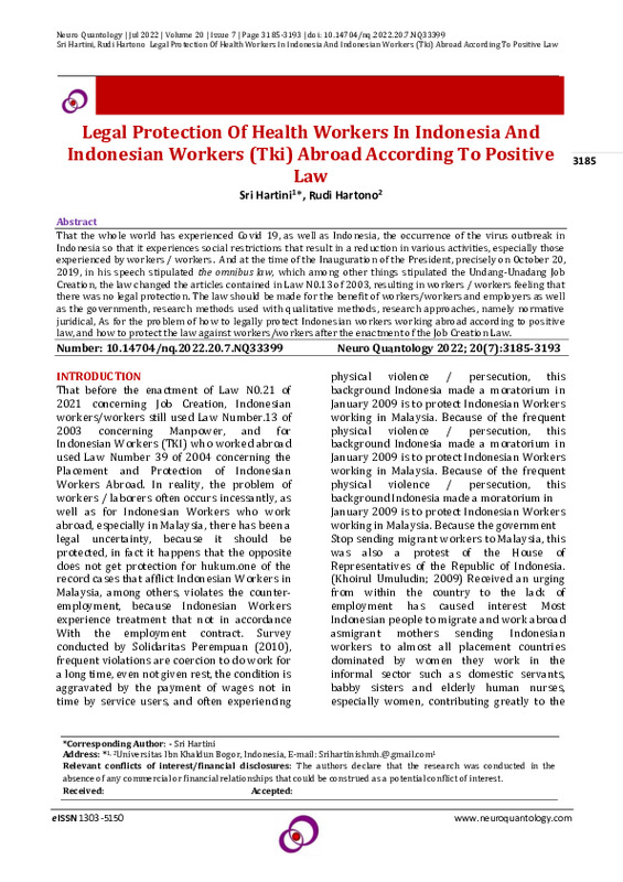Legal Protection Of Health Workers In Indonesia And Indonesian Workers (Tki) Abroad According To Positive Law.pdf Legal Protection Of Health Workers In Indonesia And Indonesian Workers (Tki) Abroad According To Positive Law.pdf