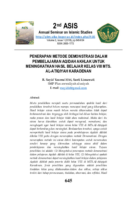 PENERAPAN METODE DEMONSTRASI DALAM PEMBELAJARAN AQIDAH AKHLAK UNTUK MENINGKATKAN HASIL BELAJAR KELAS VIII MTS. AL-ATIQIYAH KARADENAN.pdf