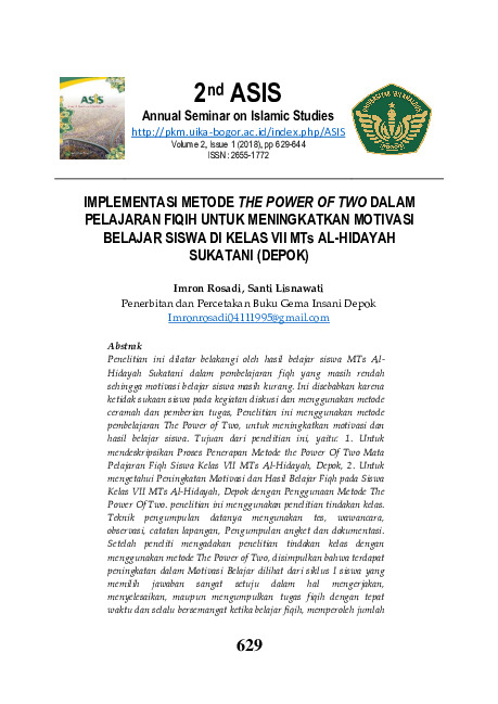 IMPLEMENTASI METODE THE POWER OF TWO DALAM PELAJARAN FIQIH UNTUK MENINGKATKAN MOTIVASI BELAJAR SISWA DI KELAS VII MTs AL-HIDAYAH SUKATANI (DEPOK).pdf