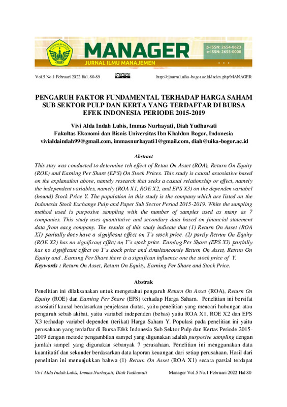 PENGARUH FAKTOR FUNDAMENTAL TERHADAP HARGA SAHAM SUB SEKTOR PULP DAN KERTA YANG TERDAFTAR DI BURSA EFEK INDONESIA PERIODE 2015-2019.pdf