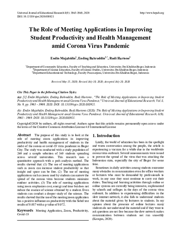 The Role of Meeting Applications in Improving Student Productivity and Health Management amid Corona Virus Pandemic.pdf